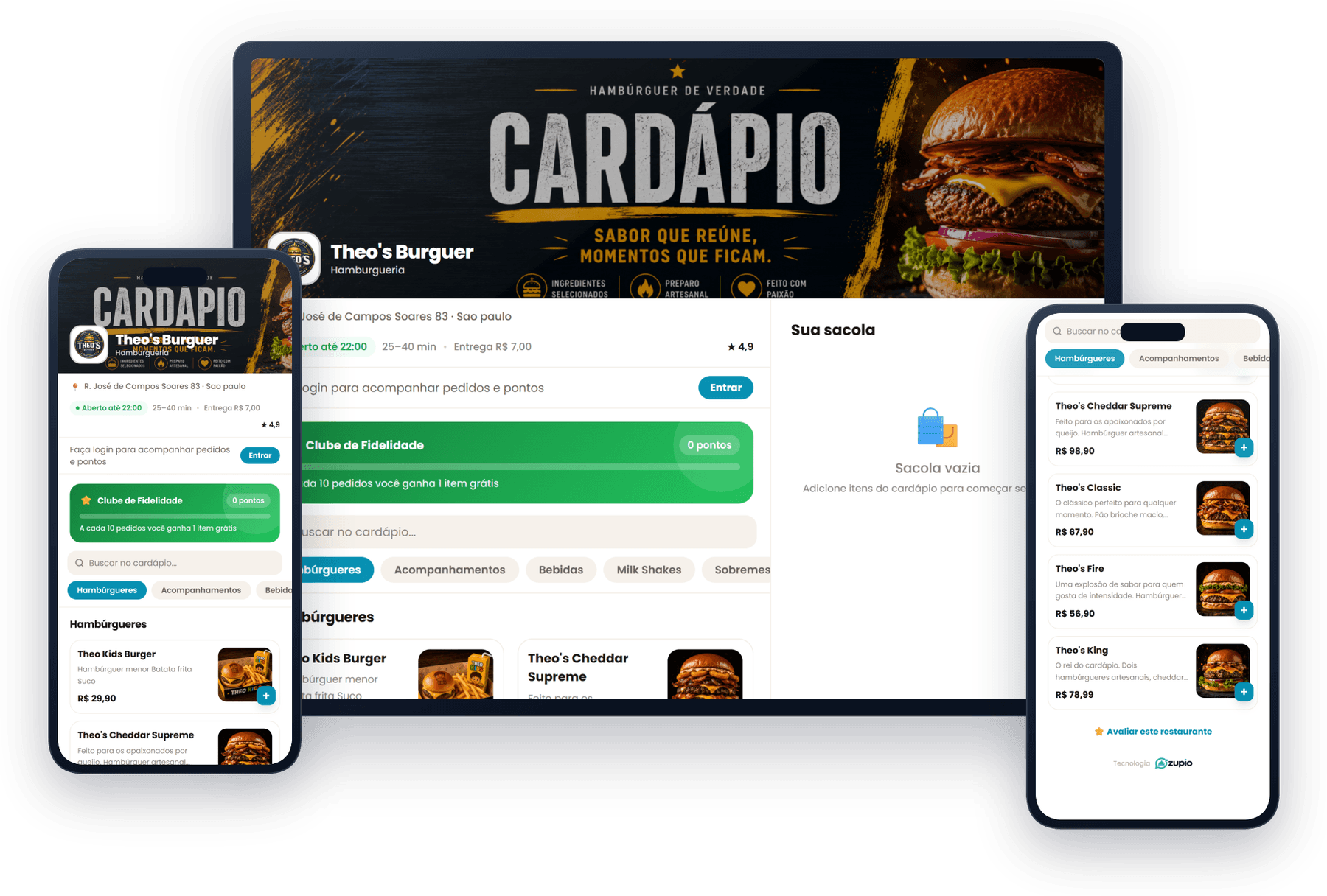O cardápio digital da Zupio aberto em um tablet deitado, com a sacola ao lado, e em dois celulares mostrando a lista de pratos com foto e preço
